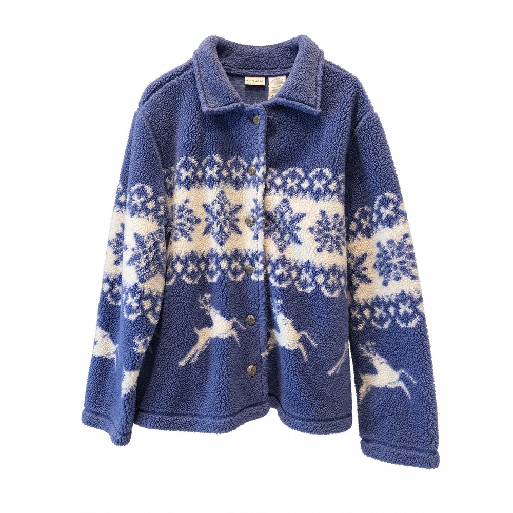 White Stag Blue Sherpa Fleece Jacket Womens Large Nordic Reindeer Snowflake